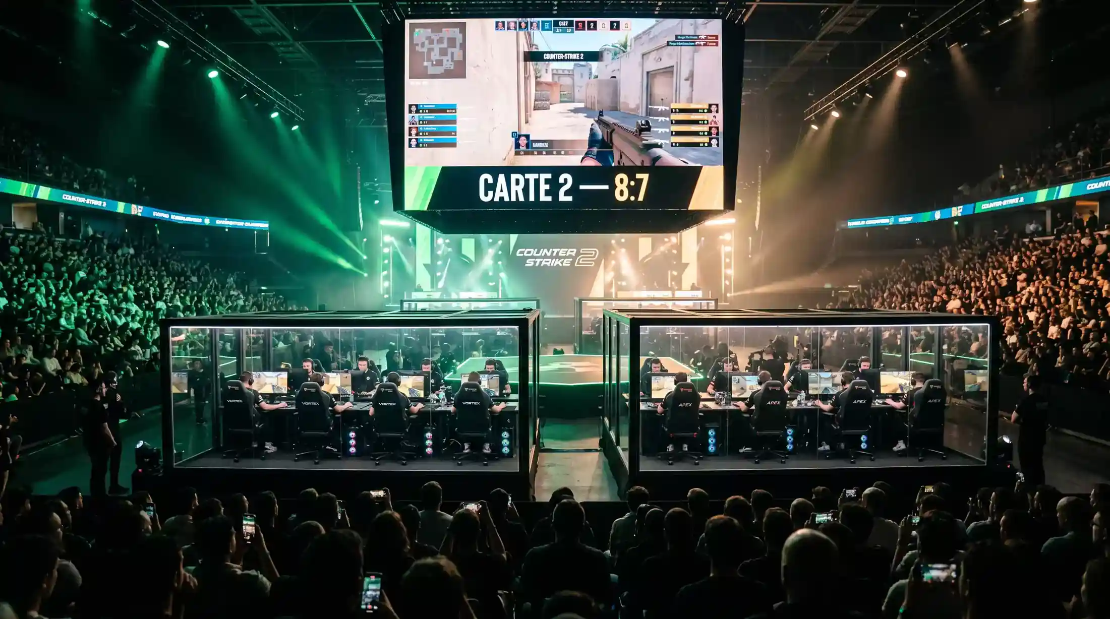 Match CS2 sur scène professionnelle avec écran géant affichant le score