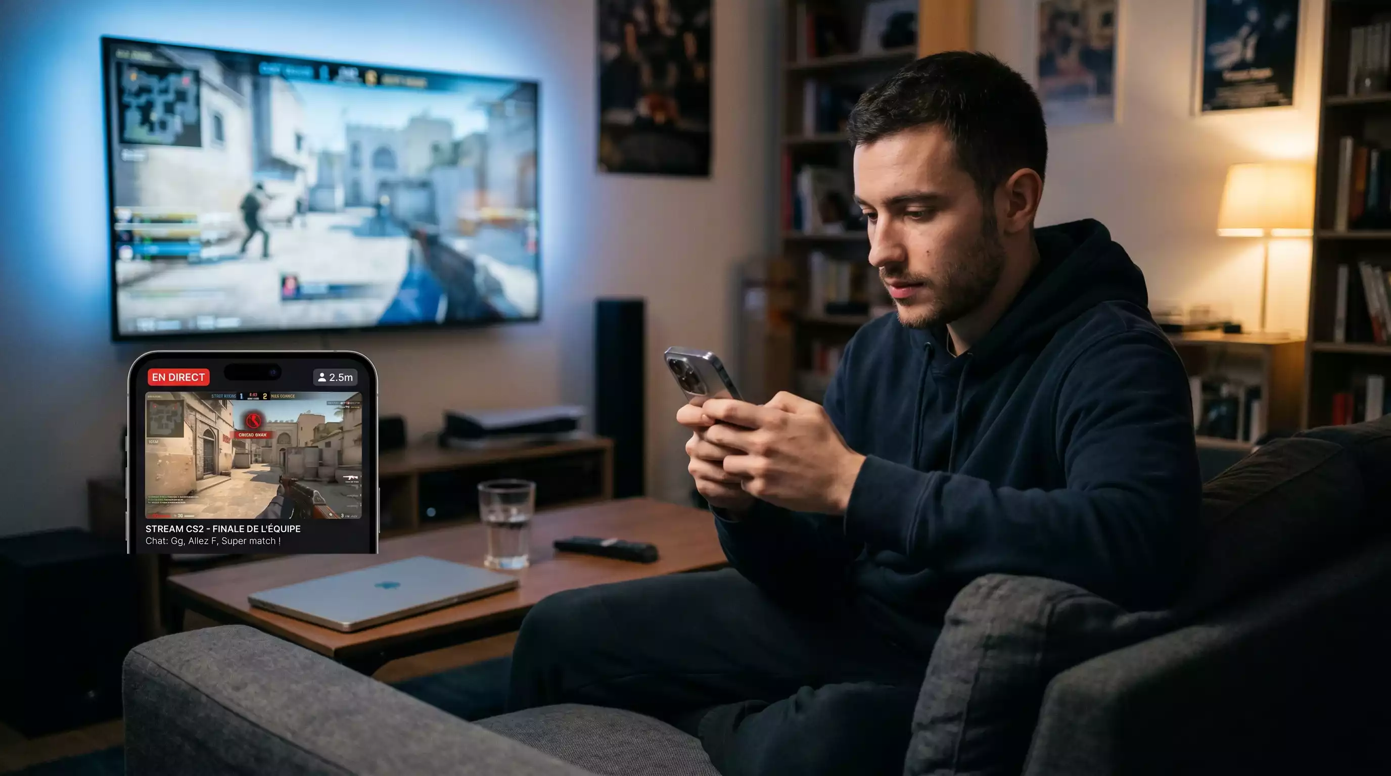 Jeune adulte regardant un match CS2 en streaming sur smartphone le soir